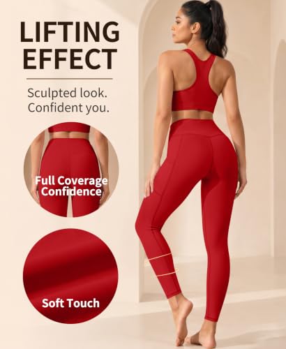 High Waisted Buttery Soft Leggings for Women - Two Pocket, XX-Large, Red