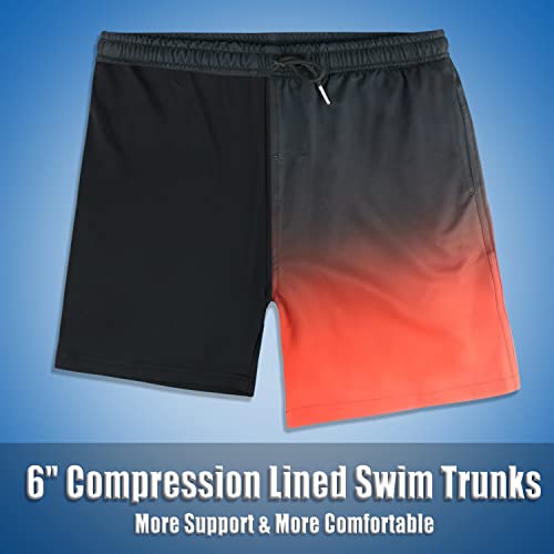 LUCOWEE Boys Swim Trunks with Soft Compression Liner, Quick Dry, UPF 50+, Black Red Ombre, Age 10-12