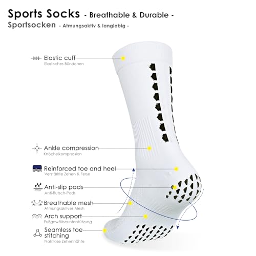 Compression Soccer Socks - Non-slip Grip, Quick-drying - Large, White (3 Pairs)