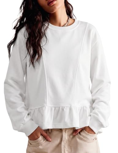 Watashi Women Ruffle Peplum Hem Cotton Pullover Sweatshirt - Medium White