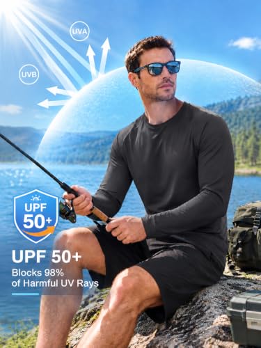 Men's Long Sleeve UV Shirt UPF 50+ Moisture Wicking Running Hiking Fishing - Large/Blue/Light Gray/Dark Blue/Black/Dark Gray
