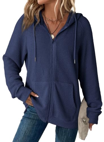 Dokotoo Women's Navy Blue Waffle Knit Full Zip Hoodie - Large
