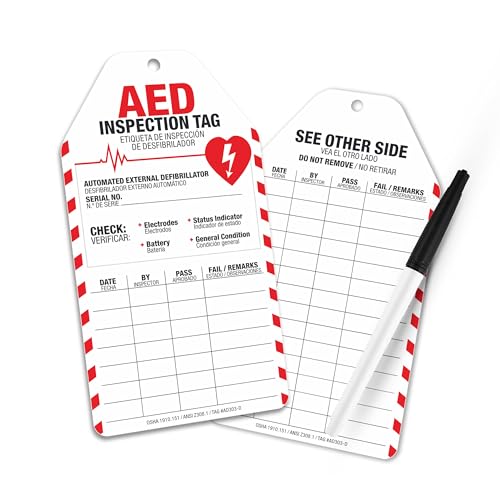 AED Inspection Tags 25 Pack, Waterproof PVC Safety Inspection Record Tags, Tear-Resistant & OSHA Compliant Monthly AED Service Tag Check Cards