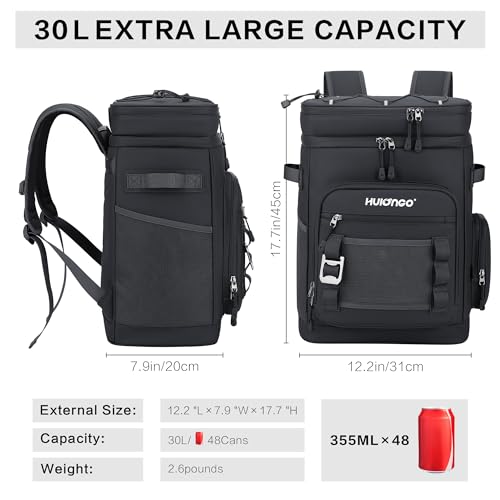Hulongo Black 30L Waterproof Insulated Cooler Backpack for 48 Cans