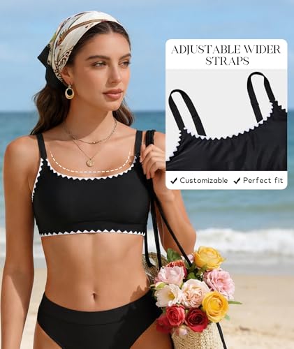 American Trends Sports Bikini Top for Women - Wirefree Swim Bra, Black Trim, Small