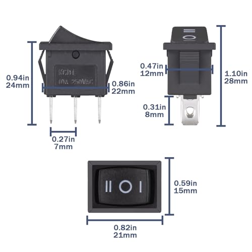 3 Pin ON/OFF/ON Rocker Switch - Black, Pack of 10 Pcs