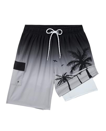 Gleeease Men's 9 Inch Swim Trunks with Compression Liner - X-Large Gradient Palm Tree