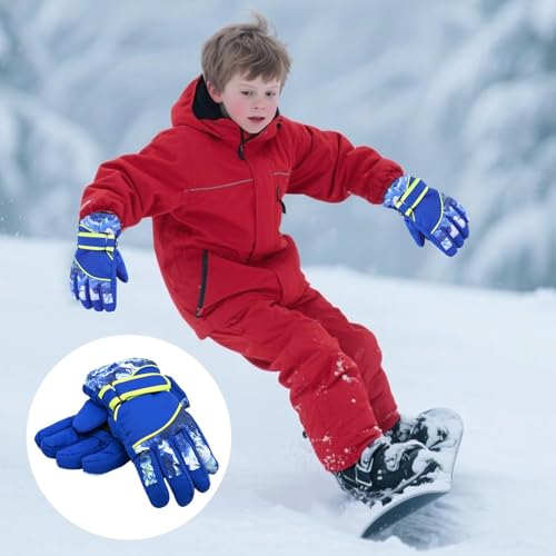 Kids Winter Snow Gloves - Windproof Cold Weather Ski Mittens, Blue, 4-7 Years