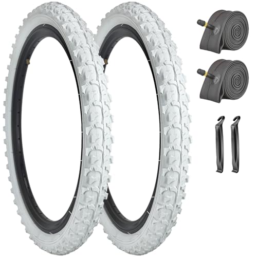 SIMEIQI 2 Pack 18x1.95 White Mountain Bike Tires & Tubes with AV 32mm Valves - Kids Trail Off-Road Bicycle Replacement
