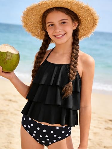 UIQUR Girls Swimsuit Two Pieces Tankini Set Black Polka Dots 11-12 Years