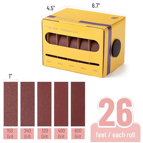 Bates- Emery Cloth Roll, 1" x 26 FT, 5 Grits, 150/240/320/400/600 Grit, Abrasive Sandpaper Roll of Sandpaper Set with Dispenser, Emery Cloth for Metal, Wood, Polishing