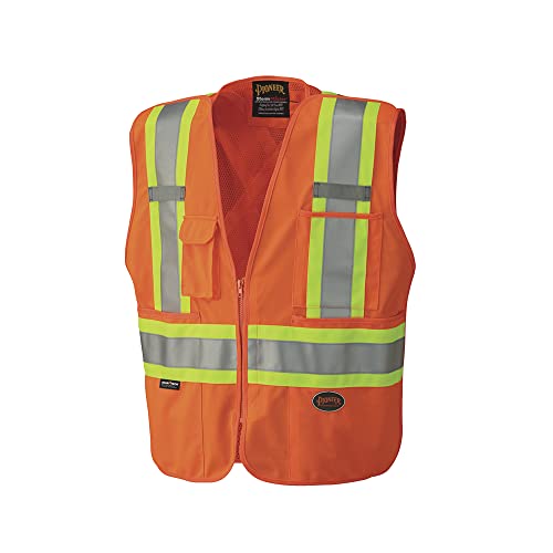 Pioneer Hi Vis Tear-Away Mesh Back Safety Vest for Me - Reflective Tape, 4 Pockets - Construction, Traffic, Security - Orange