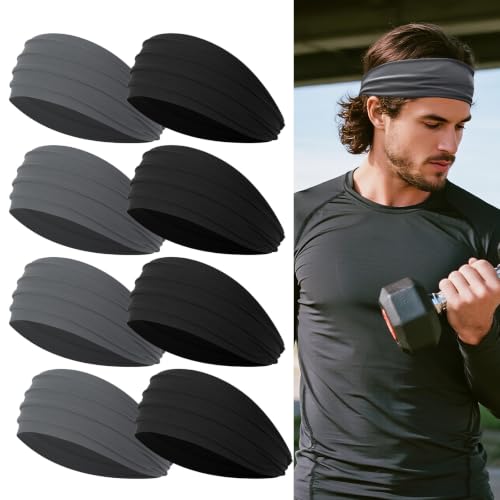 Rheytew Men's 5.5-inch Wide Sports Headbands for Long Hair - Black/Grey, 8 Pack