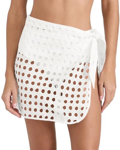 Fisoew Women's White Tie Waist Hollow Out Mini Swim Skirt Coverup Medium