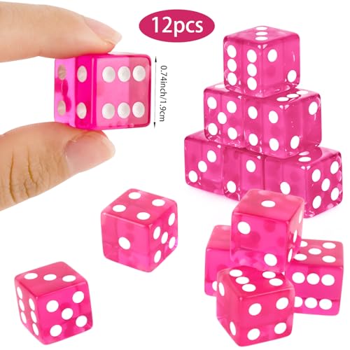 12-Piece 19mm Translucent Casino Dice Set - 6-Sided Square Corner - Rose Red
