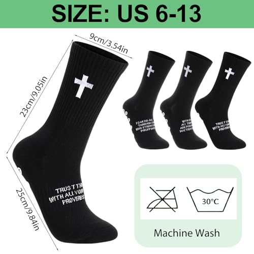 Cross Grip Soccer Socks with Bible Verse - Black, 4 Pairs, Size 6-13