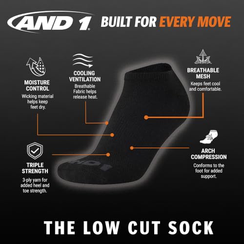 AND1 Men's Low Cut Athletic Socks 12 Pack Black, Size 6-12.5 - Performance Sports Socks