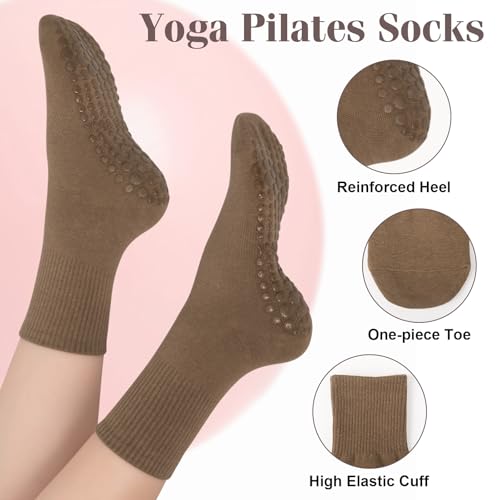 Grippy Pilates Socks for Women - Non-Slip Crew Socks, Brown/Dark Brown/White/Light Brown