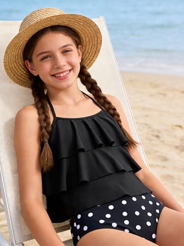 UIQUR Girls Swimsuit Two Pieces Tankini Set Black Polka Dots 11-12 Years