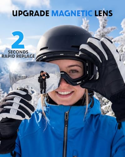 Ski Goggles with UV400 Anti-Fog Magnetic Lenses - Silver + Clear