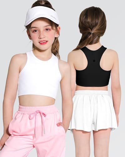 Girls Sports Bra Racerback Crop Tank Top for Kids 7-8 Years Black & White