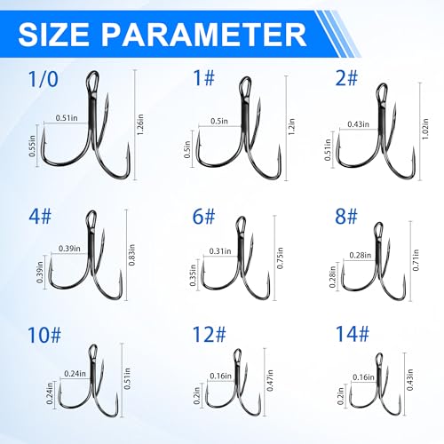 Black 8# Treble Hooks 60pcs High Carbon Steel Fishing Hooks for Saltwater & Freshwater Lures