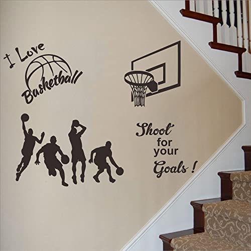 Basketball Wall Sticker for Boys Room - Action Silhouettes & Hoop Design with ¡°I Love Basketball¡± Quote - Removable Vinyl PVC Decal for Bedroom, Playroom, Sports Decor - 32x23 Inch JWH178 (Black)