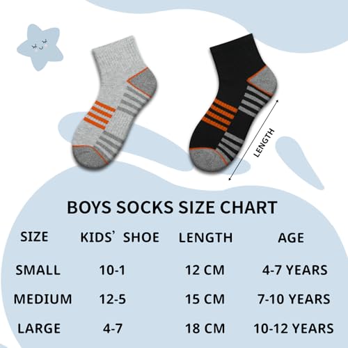 Boys Athletic Quarter Socks - Cushioned Ankle Sports Socks - 6 Pairs, Sizes 7-10 Years, Black