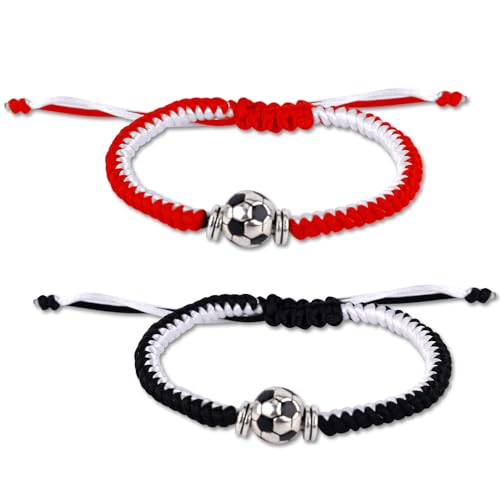 Adjustable Braided Football Bracelets - 2 Pack, Red & White, Black & White