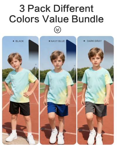 KIKINOTE Toddler Boys Athletic Shorts 3-Pack - Basketball & Soccer Style Size 2-5T, Black Gray Blue