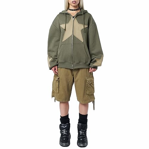Karwuiio Women's Y2K Zip Up Hoodie Gray Green Large Star Graphic Oversized Sweatshirt