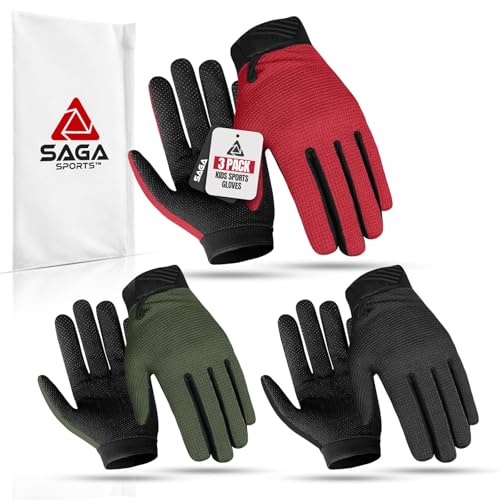 Kids Cycling Gloves Pack of 3 - Youth Motorcycle & BMX Gloves, Small Army Green/Black/Red