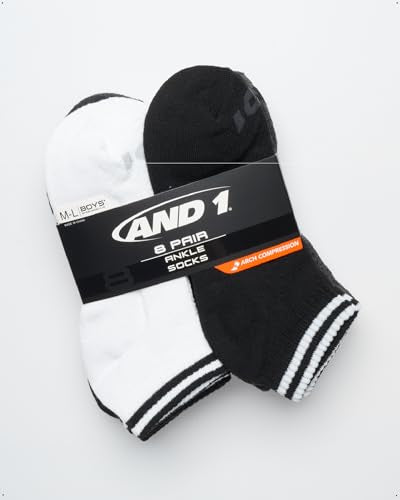 Boys Quarter Athletic Socks - 8 Pack Cushioned Moisture Wicking - S-M Black/White