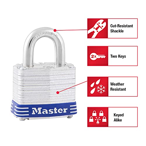 Master Lock 3008D Outdoor Padlock with Key, 4 Pack Keyed-Alike Silver 1-1/2 Inch