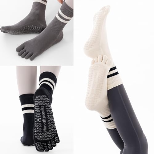 WOKNOW Pilates Socks with Grips for Women, 3 Pairs Toe Socks Five-Finger Non-Slip (Black, Milk White, Gray)