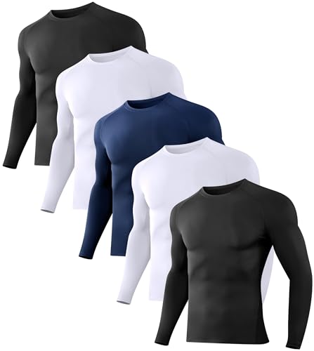 Dalavch Men's Compression Long Sleeve Workout Shirts 1/5 Pack Black White Blue