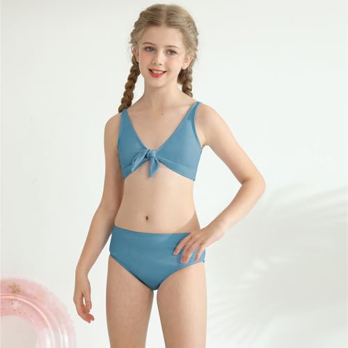 Girls Two-Piece Bikini Set - Knot Front V Neck Swimsuit, Grey Green, 15-16 Years