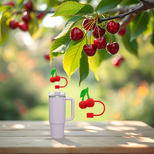 Cherry Straw Cover for 10mm Straws, Reusable Silicone Straw Topper Cap