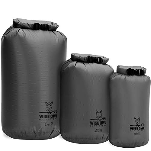 Wise Owl Outfitters Waterproof Dry Bag 3-Pack Grey - Lightweight 5L/10L/20L for Kayaking & Travel
