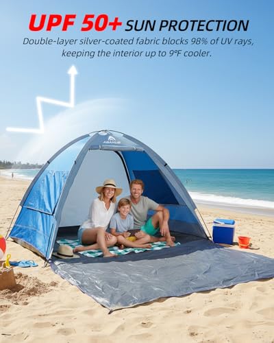 Blue 3-Person Beach Tent Sun Shelter UPF 50+ UV Protection Portable Canopy