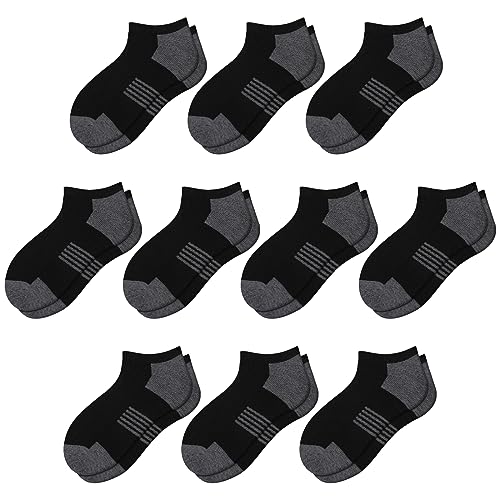 Boys Low Cut Ankle Socks - 10 Pairs, Cushioned Sole, 7-10 Years / Black