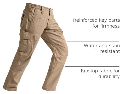Mens Tactical Cargo Pants Ripstop Water-Resistant Breathable Work & Hiking Pants, Dark Khaki, 34W x 32L