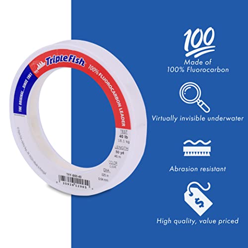 Triple Fish 100% Fluorocarbon Fishing Leader - Clear, 40Lb, 25 Yd, Heavy Duty