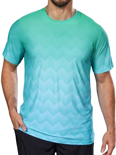 Men's Athletic T-Shirt - Short Sleeve Running Top - Large Aqua Wave