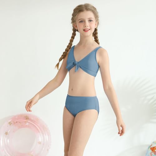 Girls Two-Piece Bikini Set - Knot Front V Neck Swimsuit, Grey Green, 15-16 Years