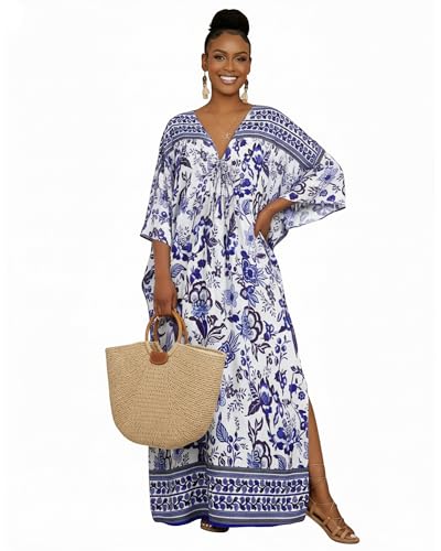 Blue Print Kaftan Dress for Women Floral Plus Size Cover Up - MooMoo