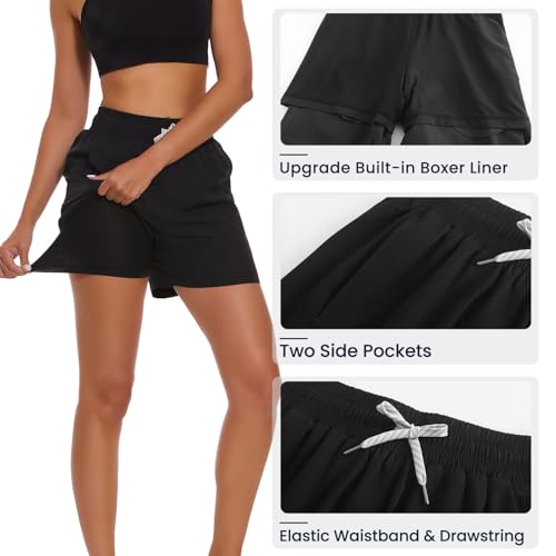 HODOSPORTS Women's 4-Inch Quick Dry Swim Shorts with Boxer Liner, Pockets, Size 3X-Large, Black