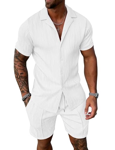 UOUA Men's Summer 2-Piece Short Sleeve Shirt & Shorts Set - Cubawhite, Large
