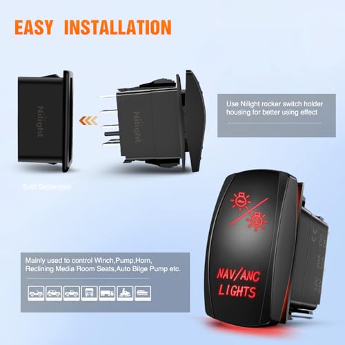 Nilight Red NAV/ANC 7Pin Rocker Switch with Jumper Wires - Marine & Automotive Use