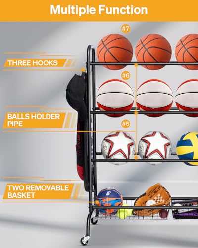 4-Tier Heavy-Duty Ball Storage Rack with Wheels & Baskets
